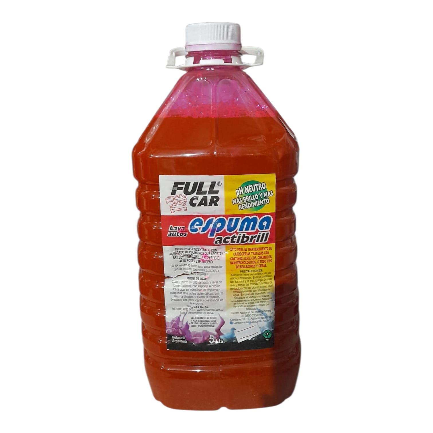 Bidon (lava autos - shampoo) ESPUMA ACTIBRIL COLOR X 5 L (DILUCION 1 EN 200) - FUL 021 FULL CAR ( LIMPIEZA - CARROSERIAS- simil k78 a801 - k78 a803 - k78 a805) ( Shampoo neutro que produce una atractiva espuma coloreadapara el lavado de carrocerías con agregado de polímeros queotorgan brillo y protegen la pintura, Biodegradabilidad del 85,4%.Dilución para el uso: 1 parte en 200 de agua.)