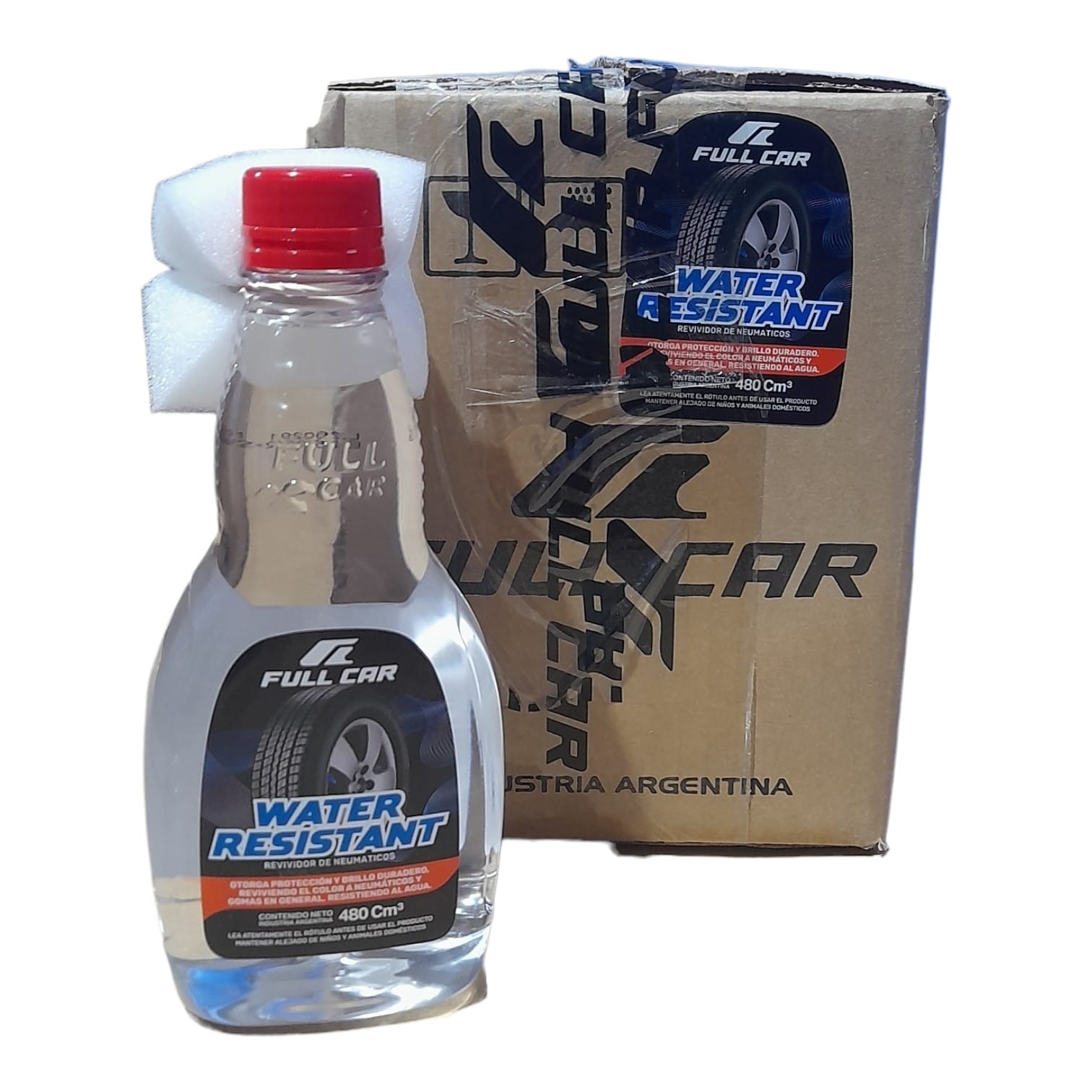 PROMO CAJA X 12 UNIDADES Revividor NEGRO PARA EXTERIOR (neumatico y alfombras) WATER RESISTANT X 480 cc. - FUL 305 FULL CAR (silicona gomas - revividor de negro simil water resistant a3230/12 - k78 205) ( Revividor de neumáticos a base de siliconas.Revive el color negro y otorga brillo duradero.RESISTENTE AL AGUA.)