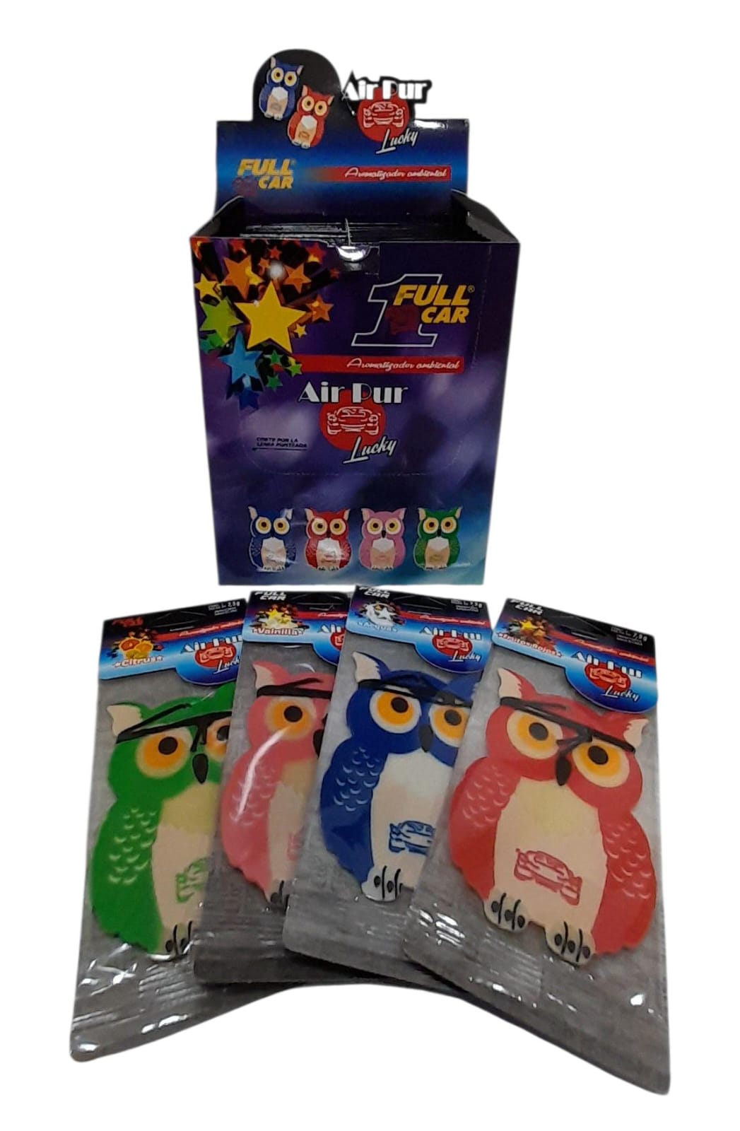CAJA EXHIBIDORA X 36 UNIDADES PERFUME (AROMATIZADOR) AIR PUR LUCKY (BUHOS) - FUL 9030 FULL CAR (aromatizador para tablero simil K78 104 - K78 106 k78 112 - k78 105 - k78 110 ) (pino - comodin )(Aromatizador de celulosa de acción continua con formasdivertidas.Notas inspiradas en reconocidas fragancias internacionales:Fragancias:Fragancias surtidas)