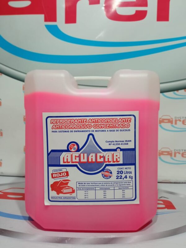 REFRIGERANTE ANTICONGELANTE  X 20 Lts. - REF004 AGUACAR (Refrigerante Anticongelante
Producto a base de glicoles concentrado e inhibido. anticorrosivo, anti incrustrante.
Recomendado para todo tipo de radiadores y espe­ cialmente para motores con block y tapas de alumi­ nio. En los porcentajes indicados evita congela­ miento,corrosión y recalentamiento. No se evapo­ ra aún en temperaturas límites de funcionamiento.)