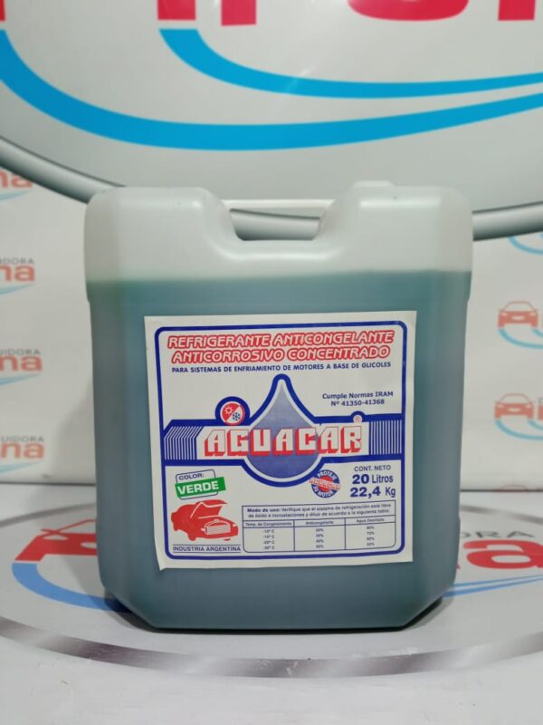 REFRIGERANTE ANTICONGELANTE  X 20 Lts. - REF004 AGUACAR (Refrigerante Anticongelante
Producto a base de glicoles concentrado e inhibido. anticorrosivo, anti incrustrante.
Recomendado para todo tipo de radiadores y espe­ cialmente para motores con block y tapas de alumi­ nio. En los porcentajes indicados evita congela­ miento,corrosión y recalentamiento. No se evapo­ ra aún en temperaturas límites de funcionamiento.) - Image 2