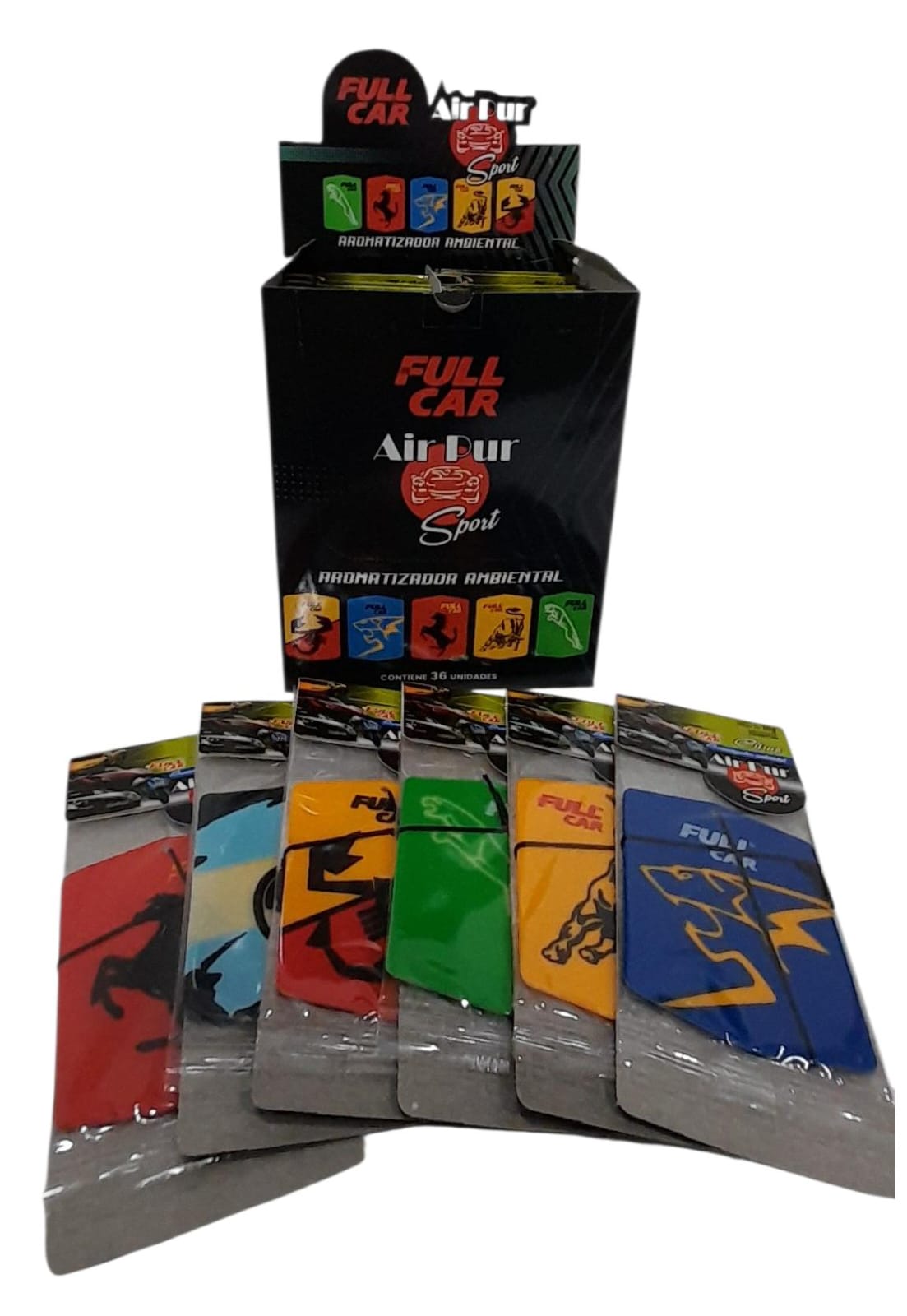 CAJA EXHIBIDORA X 36 UNIDADES PERFUME (AROMATIZADOR) AIR PUR SPORT - SURTIDO - FUL 9037 FULL CAR (aromatizador para tablero simil K78 104 - K78 106 k78 112 - k78 105 - k78 110 ) (pino - comodin ) - Image 2