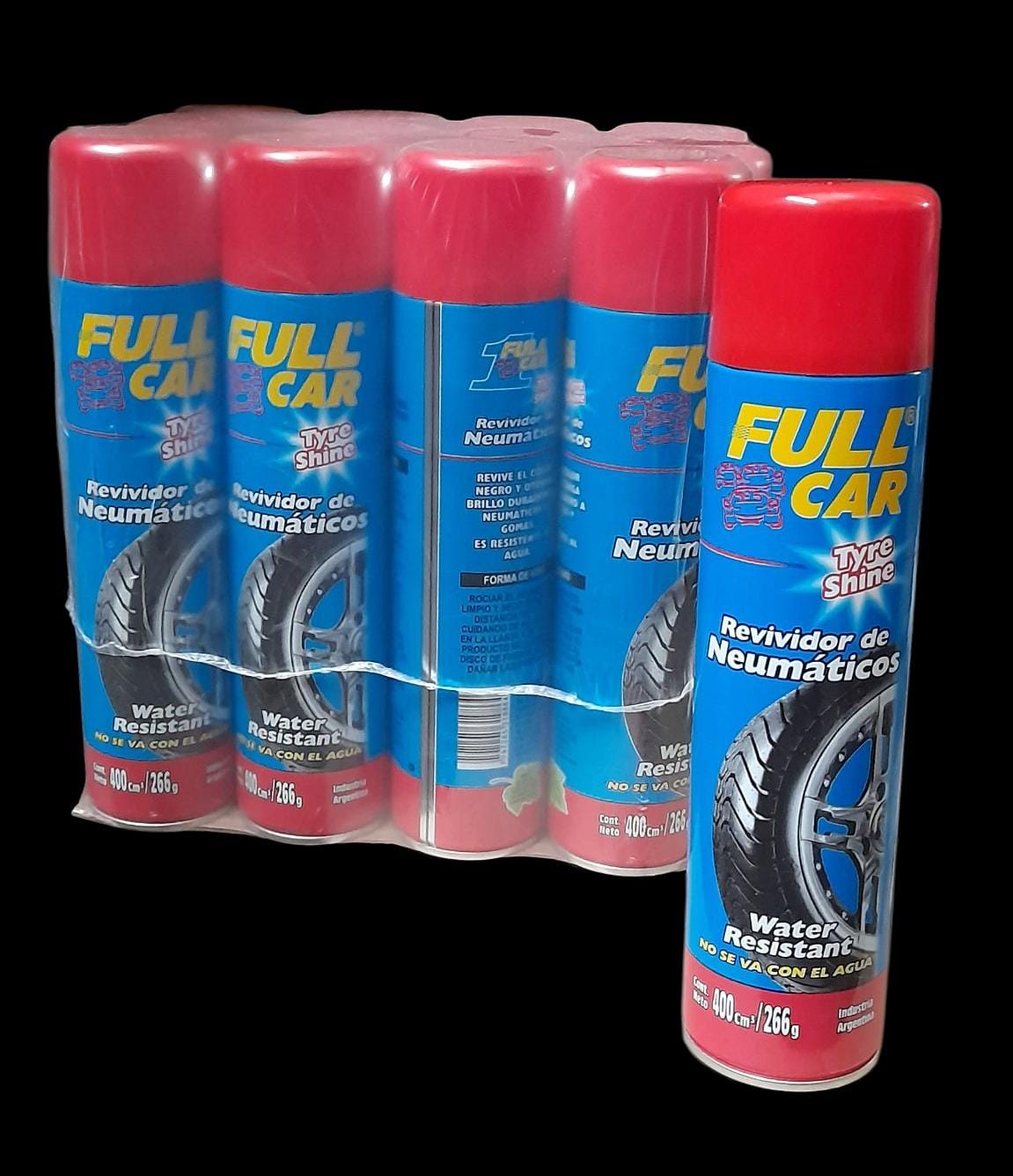 PROMO CAJA X 12 UNIDADES TYRE SHINE Revividor de negro (cubiertas neumaticos Water Resistant aerosol x 400 cc. - FUL 340 - FUL 034 FULL CAR (SILICONA AEROSOL PARA NEUMATICOS REVIVIDOR DE NEUMATICOS Y ALFOMBRAS simil ful 305 / a3230/12 / k78 205)   (  Revividor de neumáticos en Aerosol a base de siliconas.Revive el color negro y otorga brillo duradero.RESISTENTE AL AGUA.)