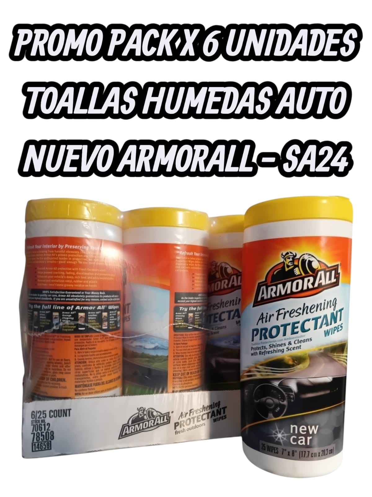 PROMO PACK X 6 UNIDADES Toallas húmedas protectoras con aroma AUTO NUEVO - SA24 (silicona interior aromatizada)(armor all)