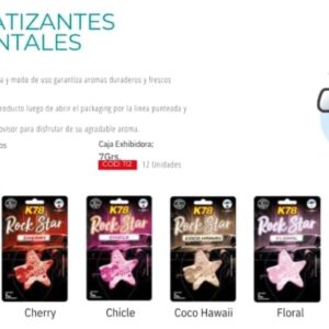 PROMO CAJA EXHIBIDORA X 8 UNIDADES SURTIDAS PERFUME (AROMATIZADOR) AROMATIZANTE AMBIENTAL ROCK STAR 7 grs - K78 112 (aromatizador para tablero simil FUL 631 - FUL 9030 - FUL -9052 - FUL 9041 - FUL 9037 - FUL 9022 - FUL 638 FUL 618) (pino - comodin )