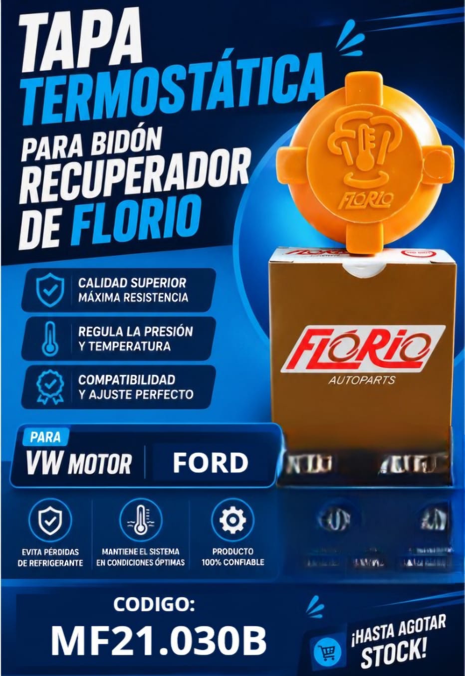 TAPA DE BIDON RECUPERADOR VW /FORD MOTOR AUDI AMARILLA(M30B) O AZUL - MF21.030 (VW : 377.121.321.A / 547.121.321Gol, Voyage, Parati, Saveiro, 87/99, Santana,Pointer, Logus, Apollo, Kombi DieselAUDI : 443.121.32180, 100, A4 /96 (Ch.T 309402), A6 /96, A8FORD :Belina, Del R Belina, Del Rey, Pampa, 89/ (1.8), Royale, Versailles, Verona, 90/ (1.8), Escort 90/91 (1.8))