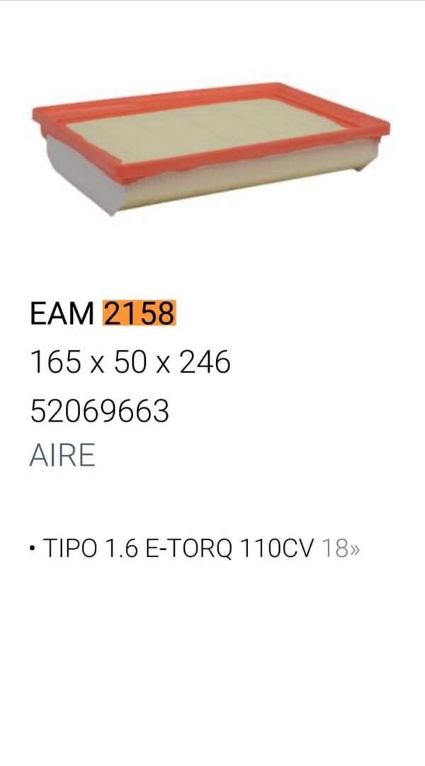 [FILTRO EMAFI] FIAT TIPO 1.6/E-TORQ 110CV 18> - EAM 2158(EAM 2158 - FAP-2837 - - - C 25033 52069663)