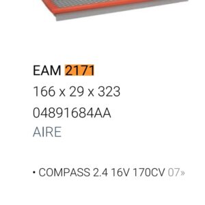 [FILTRO EMAFI] JEEP COMPASS 2.4 07> - EAM 2171(EAM 2171 - JFA-0980 CA 10118 - - - 04891684AA)