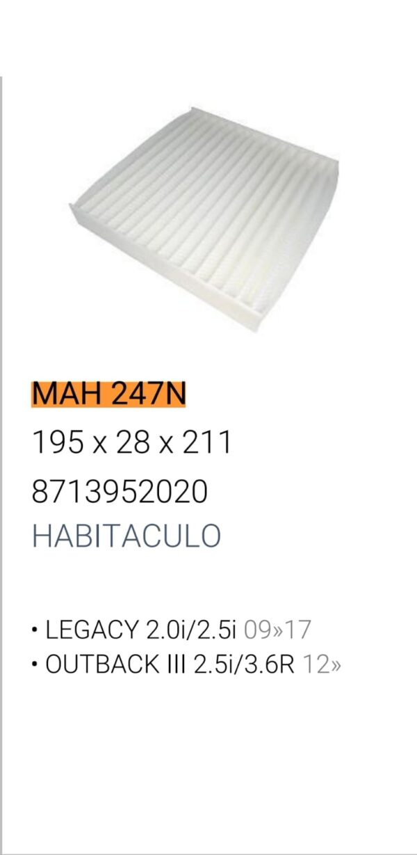 Filtros para Habitáculo - Filtro de Habitáculo TOYOTA HILUx/COROLLA x/AVENSIS/CAMRY/RAV-4/LEGACY/LIBERTY/OUTBACK (OEM : 8713952020) - MAH 247N  (MAH 247N MH 953 AKX-1965 CF 10892 HM 2084 TH 984 CU 1919 8713952020)