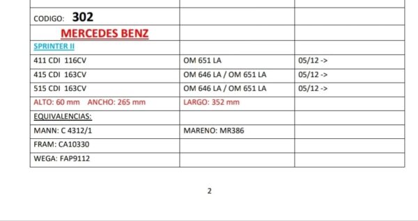 PROMO PACK X 10 UNIDADES FILTROS NEW FILT TIPO PANEL A GRANEL MERCEDES BENZ - SPRINTER 411 CDI/415 CDI/515 CDI TODAS 05/2012 - AIPA 302 ALTO: 60 mm ANCHO: 265 mm LARGO: 352 mmEQUIVALENCIAS:MANN: C 4312/1 MARENO: MR386FRAM: CA10330WEGA: FAP9112  EMAFI:EAM 2112 - Image 2