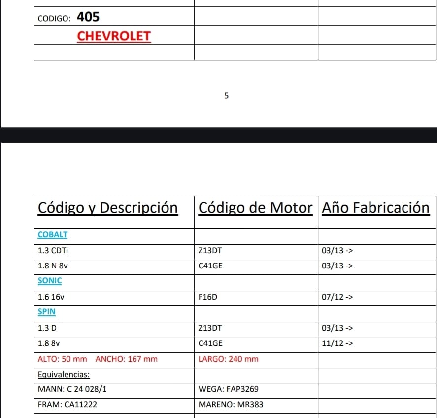 PROMO PACK X 10 UNIDADES FILTROS NEW FILT TIPO PANEL A GRANEL CHEVROLET SONIC 1,6-16V - COBALT 1,6 - 16V - SPIN 1,8-16V- 12 > - AIPA 405  ALTO: 50 mm ANCHO: 167 mm LARGO: 240 mmEquivalencias:MANN: C 24 028/1 WEGA: FAP3269FRAM: CA11222 MARENO: MR383EMAFI:EAM 2094 - Image 2