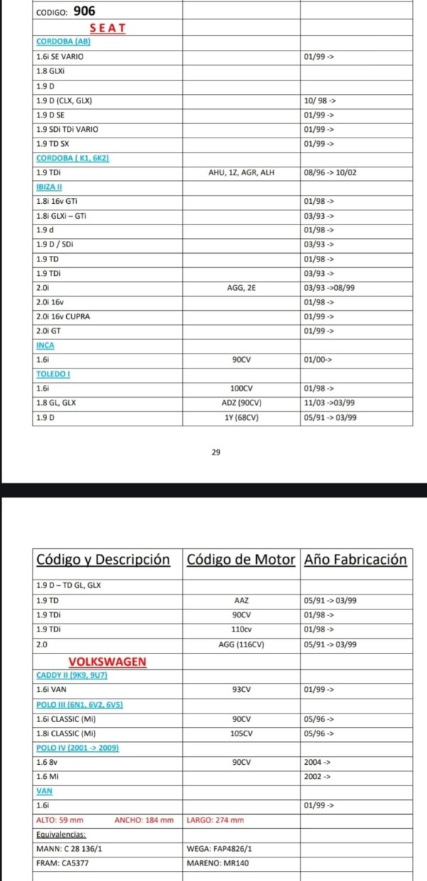 PROMO PACK X 10 UNIDADES FILTROS NEW FILT TIPO PANEL A GRANEL VOLKSWAGEN - POLO DIESEL / SEAT CORDOBA / TOLEDO / IBIZA - AIPA 906  ALTO: 59 mm ANCHO: 184 mm LARGO: 274 mmEquivalencias:MANN: C 28 136/1 WEGA: FAP4826/1FRAM: CA5377 MARENO: MR140EMAFI: EAM 2051 - Image 2