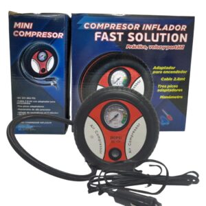 >>Compresor de aire 260 PSI,>>Redondo 16,5 de diámetro>>Manguera de goma de alta calidad de 43CM.>>Con 3 adaptadores (2 de boquilla y 1 aguja)>>Cable de 2,4 mts con conector a encendedor 12V - QKL MC01