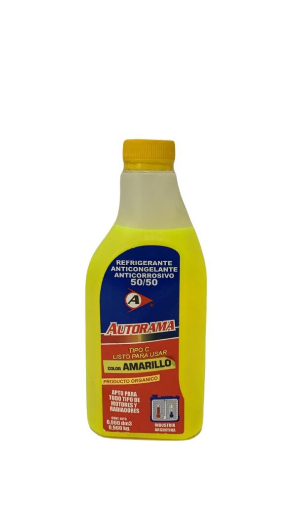 AMARILLO REFRIGERANTE/ ANTICONGELANTE 50/50 X 900CC - REF 004 AUTORAMA (Refrigerante Anticongelante 50/50
 
Líquido Refr igerante Anticongelante y anticorrosi­ vo. Diluido tipo C listo para ser usado. Para siste­ mas de enfriamiento de motores a base de glico­
les..)