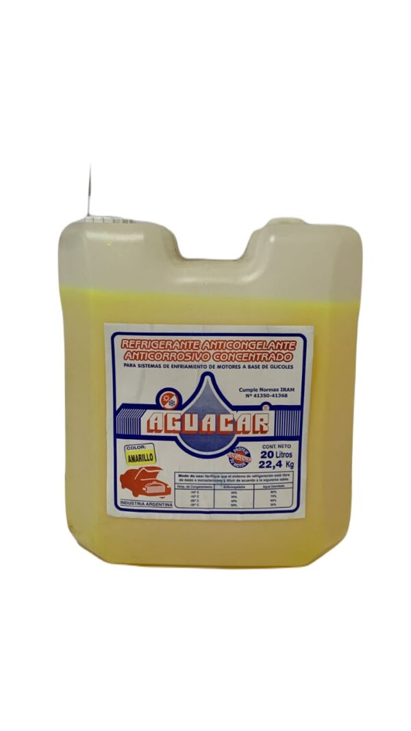 AMARILLO REFRIGERANTE ANTICONGELANTE  X 20 Lts. - REF004 AGUACAR(Refrigerante Anticongelante
Producto a base de glicoles concentrado e inhibido. anticorrosivo, anti incrustrante.
Recomendado para todo tipo de radiadores y espe­ cialmente para motores con block y tapas de alumi­ nio. En los porcentajes indicados evita congela­ miento,corrosión y recalentamiento. No se evapo­ ra aún en temperaturas límites de funcionamiento.)