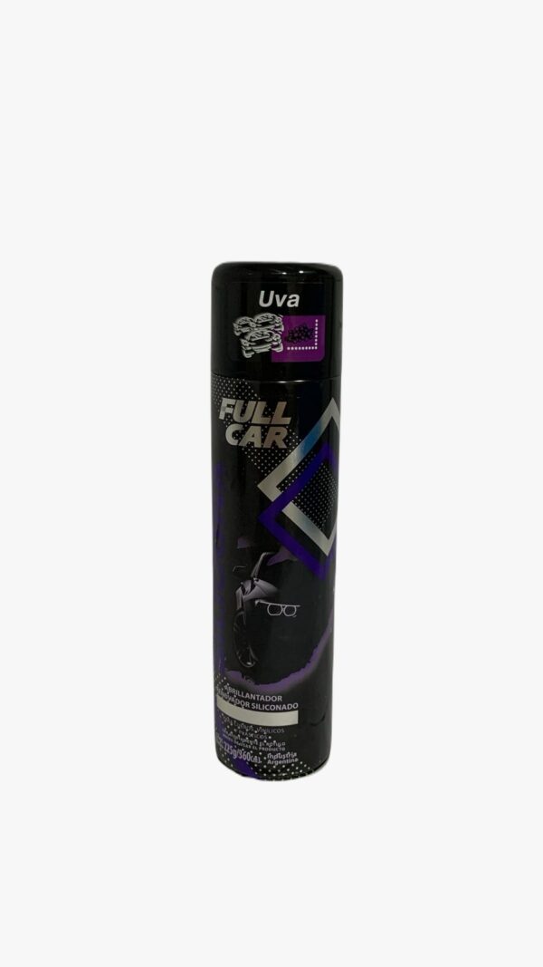 SILICONA AEROSOL X 360 CM3 (UVA) - FUL 048U FULL CAR SILICONA AEROSOL PARA NEUMATICOS REVIVIDOR DE NEUMATICOS Y ALFOMBRAS  (Silicona multiuso aromatizada en aerosol. Da brillo renueva y
protege cueros, plásticos, vinílicos y gomas.
Fragancias: Surtidas, Nacionales e Internacionales)