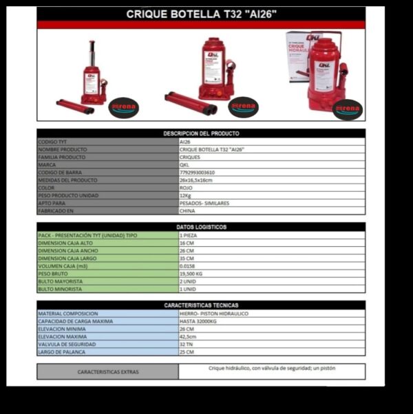 PROMO X 2 UNIDADES CRIQUE BOTELLA QKL 32 TONELADAS (ALTURA MINIMA 265MM / ALTURA MAXIMA 425MM VALVULA DE SEGURIDAD PARA SOBRECARGA ) - QKL BAI26-32(=QKL AI26) - Image 2