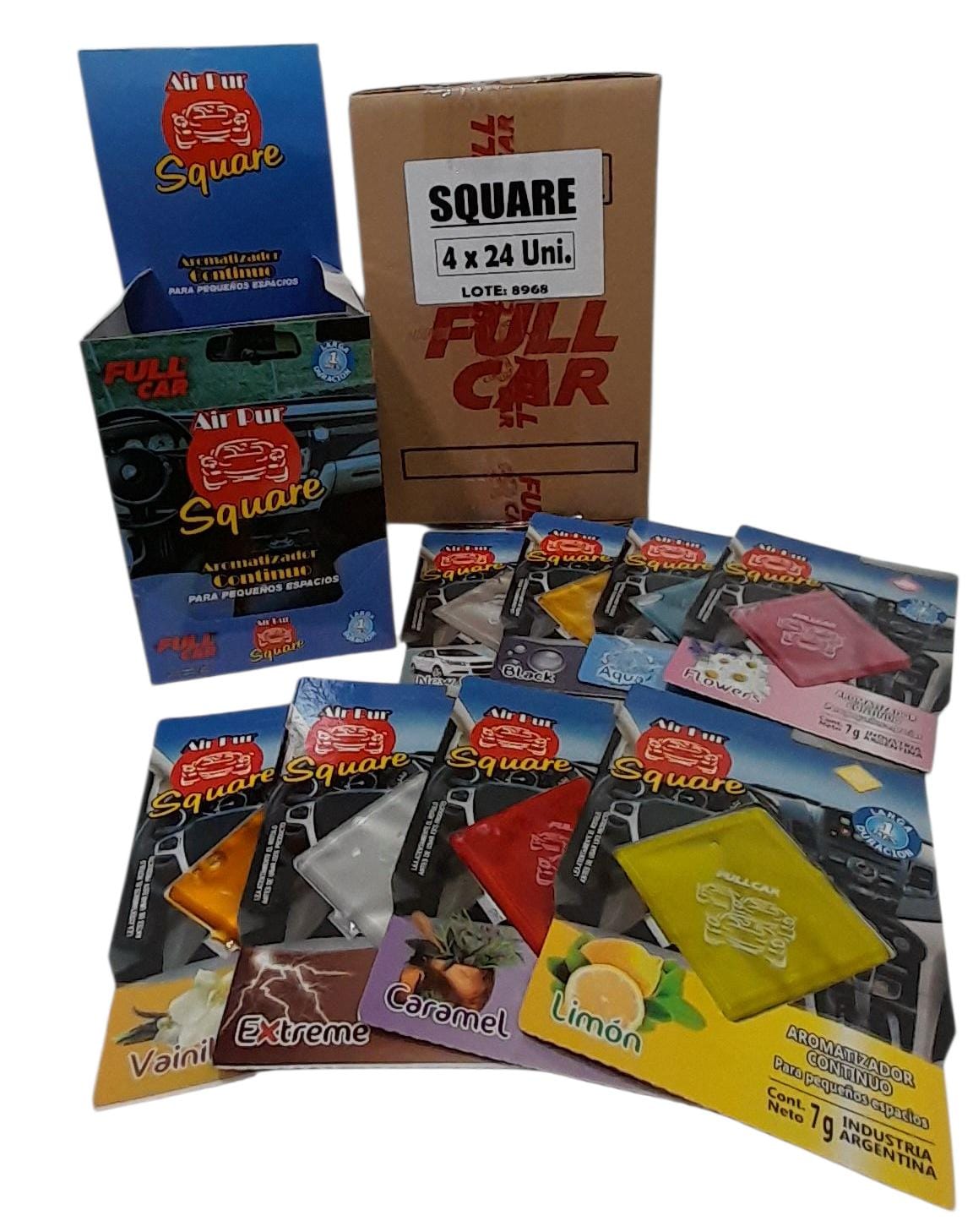 PROMO CAJA EXHIBIDORA X 96 UNIDADES PERFUME (AROMATIZADOR) AIR PUR SQUARE - FUL 9510 - FUL 9027 FULL CAR (SIMIL K78 109 - K78 110 )   (  Aromatizador de acción continua, para colgar, en el automóvil,pequeños ambientes, baños, etc., gran variedad de fragancias.)