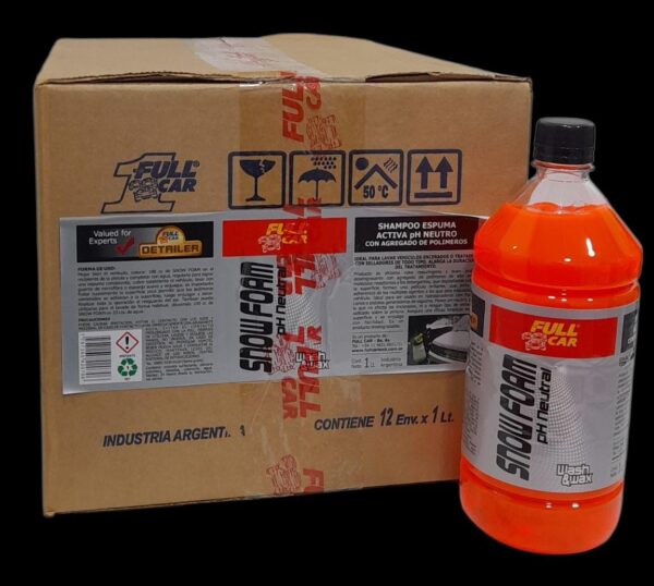 PROMO CAJA X 12 UNIDADES ESPUMA ACTIVA (SHAMPOO - LAVA AUTOS ) SNOW FOAM X 1 LITRO - FUL 030 FULL CAR (SIMIL a3901/12 / ful 029  / k78 301 - k78 302 / 3M 39006)  (Shampoo espuma activa neutralizada, con agregado depolímeros que otorgan brillo a la superficie. Ideal para ser usadacon foam lance en hidrolavadoras. Ideal para lavar vehículosencerados o tratados con selladores de todo tipo.)