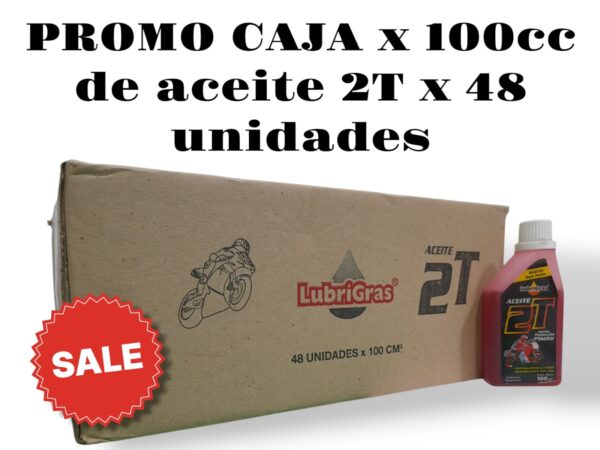 PROMO CAJA X 48 UNIDADES ACEITE 2 TIEMPOS (2T) x 100 Cm3 - 2TIE01  LUBRIGRAS (Aceite 2T                Aceite para motores de 2 tiempos refr igerados por                aire para agregar al combustible en las proporcio­        nes que el fabricante del motor lo indique.        Es de dilución instantánea, reduce la emisión de        gases. evita la  formación de carbón,  reduce el desgaste del motor.)