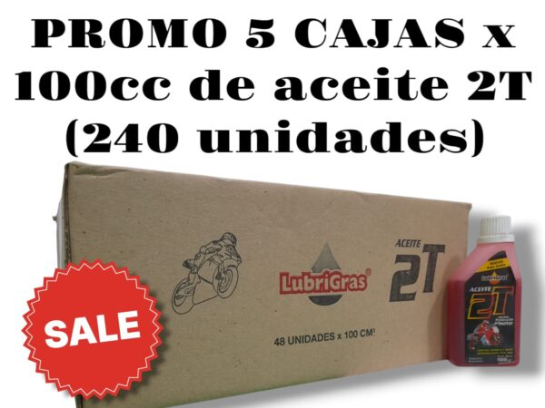 PROMO 5 CAJAS X 48 UNIDADES (TOTAL 240 UNIDADES ) ACEITE 2 TIEMPOS (2T) x 100 Cm3 - 2TIE01  LUBRIGRAS (Aceite 2T                Aceite para motores de 2 tiempos refr igerados por                aire para agregar al combustible en las proporcio­        nes que el fabricante del motor lo indique.        Es de dilución instantánea, reduce la emisión de        gases. evita la  formación de carbón,  reduce el desgaste del motor.)