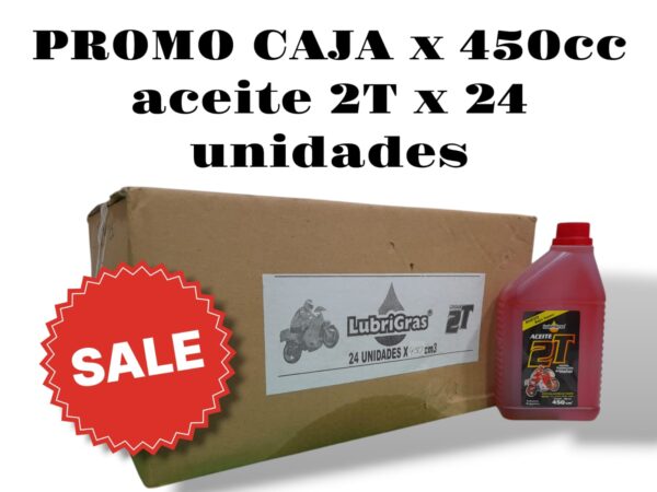 PROMO CAJA X 24 UNIDADES ACEITE 2 TIEMPOS (2T) X 450 cm3 - 2TIE04  LUBRIGRAS (Aceite 2T                Aceite para motores de 2 tiempos refr igerados por                aire para agregar al combustible en las proporcio­        nes que el fabricante del motor lo indique.        Es de dilución instantánea, reduce la emisión de        gases. evita la  formación de carbón,  reduce el desgaste del motor.)