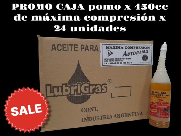 PROMO CAJA X 24 UNIDADES MAXIMA COMPRESION POMO X 45O CM3. - MAXI01 AUTORAMA (Máxima compresiónProducto elaborado con una buena base de aceite lubricante que con el agregado de polímeros especiales eleva n la viscosidad del aceite del carter reduciendo la f uga de compresión. baja elconsumo     de aceite, aumenta la compresión y la presión delaceite, mejora el arranque en frío,prolonga la vida útil del lubricante.)