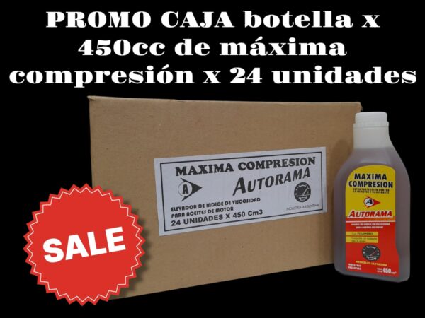 PROMO CAJA X 24 UNIDADES MAXIMA COMPRESION BOTELLA X 45O CM3. - MAXI02 AUTORAMA (Máxima compresiónProducto elaborado con una buena base de aceite lubricante que con el agregado de polímeros especiales eleva n la viscosidad del aceite del carter reduciendo la f uga de compresión. baja elconsumo     de aceite, aumenta la compresión y la presión delaceite, mejora el arranque en frío,prolonga la vida útil del lubricante.)