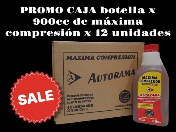 PROMO CAJA X 12 UNIDADES MAXIMA COMPRESION BOTELLA X 900 CM3. - MAXI04 AUTORAMA (Máxima compresiónProducto elaborado con una buena base de aceite lubricante que con el agregado de polímeros especiales eleva n la viscosidad del aceite del carter reduciendo la f uga de compresión. baja elconsumo     de aceite, aumenta la compresión y la presión delaceite, mejora el arranque en frío,prolonga la vida útil del lubricante.)