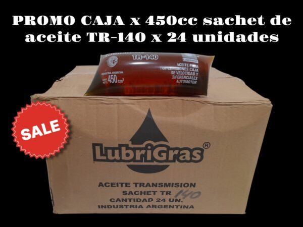 PROMO CAJA X 24 UNIDADES SACHET ACEITE TR 140 x 450 Cm3 - TRAN01  LUBRIGRAS (Aceite transmisiónpara caja de velocidad y diferencialAceite para caja de veloc idad, diferencial y reduc­tores de engranajes. Apto para todo tipo de engra­ najes, los aditivos que contiene le brindan buenaresistencia a la pelicula lubricante con excelente         inhibición contra  oxidación y toda acción contra         agentes externos.)