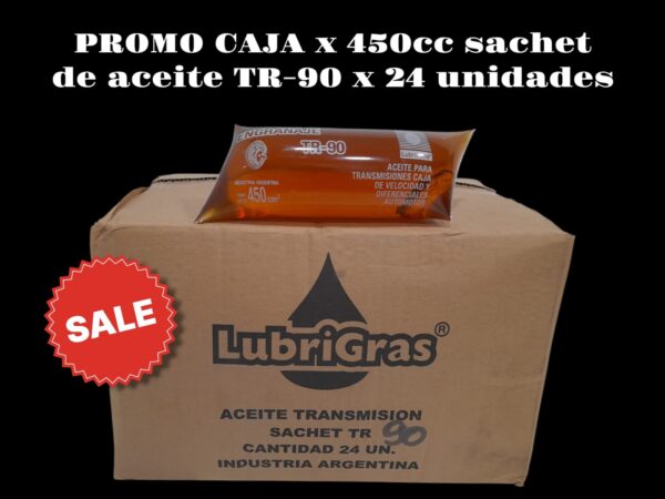 PROMO CAJA X 24 UNIDADES SACHET ACEITE TRANSMISION 90 (TR90) x 450 Cm3 - TRAN01  LUBRIGRAS (Aceite transmisiónpara caja de velocidad y diferencialAceite para caja de veloc idad, diferencial y reduc­tores de engranajes. Apto para todo tipo de engra­ najes, los aditivos que contiene le brindan buenaresistencia a la pelicula lubricante con excelente         inhibición contra  oxidación y toda acción contra         agentes externos.)