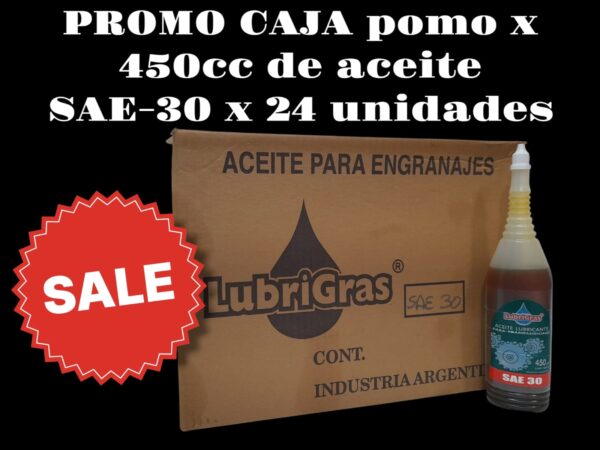 PROMO CAJA X 24 UNIDADES POMO ACEITE SAE30  X 450 CM3. - SAE305  LUBRIGRAS(Aceites lubricantes SAEContiene aditivos especiales. Buena resistencia ala película lubricante. Muy buen control de la expansión de los sellos. Protección contra la acción de agentes externos. Excelente inhibición contra oxicación y herrumbes.)