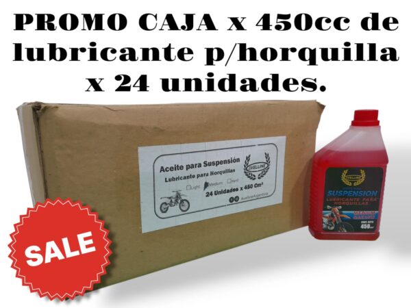 PROMO CAJA X 24 UNIDADES ACEITE LUBRICANTE PARA HORQUILLA X 450 - LUBMOT450  LUBRIGRAS (Aceite de suspensión horquilla demotosEl aceite de horquilla ayuda a que la moto amorti­güe de manera eficiente, evitando que ésta sufra con los golpes o desniveles de la calle. )
