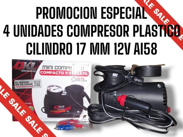 PROMO QKL  4 UNIDADES COMPRESOR MINI PLASTICO 12 V >> Potencia: 250 PSI
>> Alimentación: - 12V-13.5V 10A
>> Diámetro del cilindro: 16 mm
>> Volumen de salida: 15 L/Min.
>> Manguera de aire: 45 cm
>> Cable de alimentación: 3 metros (con conector a encendedor incluido)
Edición 2015: Ventilador mas potente, permite trabajo continuo hasta 30 minutos. - QKL AI58
