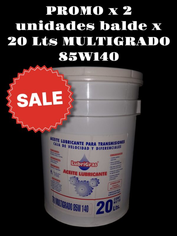 PROMO X 2 UNIDADES ACEITE TR MULTIGRADO 85W140 BALDE X 20 LTS. - TRAN32  LUBRIGRAS (Aceite transmisiónpara caja de velocidad y diferencialAceite para caja de veloc idad, diferencial y reduc­tores de engranajes. Apto para todo tipo de engra­ najes, los aditivos que contiene le brindan buenaresistencia a la pelicula lubricante con excelente         inhibición contra  oxidación y toda acción contra         agentes externos.)