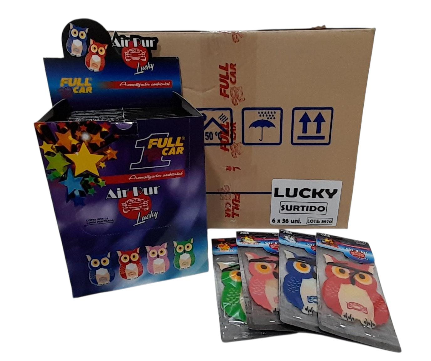 PROMO CAJA MADRE X (6 CAJAS EXHIBIDORAS X 36 UNIDADES) (TOTAL 216 UNIDADES ) PERFUME (AROMATIZADOR) AIR PUR LUCKY (BUHOS) - FUL 9030 FULL CAR (aromatizador para tablero simil K78 104 - K78 106 k78 112 - k78 105 - k78 110 ) (pino - comodin )(Aromatizador de celulosa de acción continua con formasdivertidas.Notas inspiradas en reconocidas fragancias internacionales:Fragancias:Fragancias surtidas)