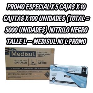 PROMO ESPECIAL X 5 CAJAS X 10 CAJITAS X 100 UNIDADES (TOTAL = 5000 UNIDADES) GUANTES DE EXAMINACION NITRILO NEGRO TALLE L  - MEDISUL NI L PROMO