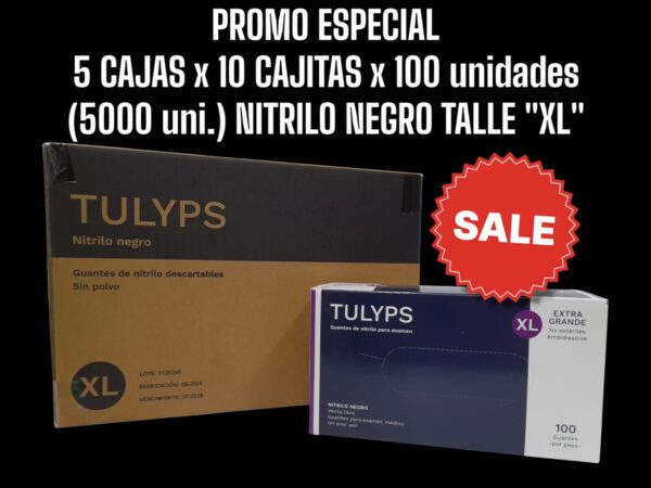 PROMO ESPECIAL X 5 CAJAS X 10 CAJITAS X 100 UNIDADES (TOTAL = 5000 UNIDADES) GUANTES DE EXAMINACION NITRILO NEGRO TALLE XL  - TULYPS NI XL PROMO