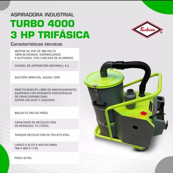 PROMO ASPIRADORA INDUSTRIAL TURBO 4000 3 HP TRIFASICA (MOTOR DE 3HP DE 380 VOLTS 100% BLINDADO, NORMALIZADO Y ALETEADO, CON CARCASA DE ALUMINIO)