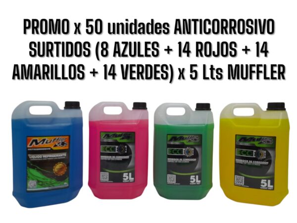 PROMO x 50 unidades ANTICORROSIVO SURTIDOS (8 AZUL + 14 ROJOS + 14 AMARILLOS + 14 VERDES)  X 5 LITROS - MUF AM-VE-RO-AZ 05 MUFFLER