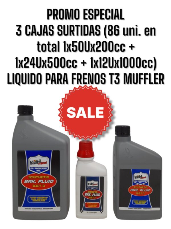 PROMO ESPECIAL NOVIEMBRE - DICIEMBRE 3 CAJAS SURTIDAS  (TOTAL 86 UNIDADES (1X50UX200CC + 1X24UX500CC + 1X12UX1000CC ) LIQUIDO PARA FRENOS TIPO 3  - MUF T3 BKR FLUID