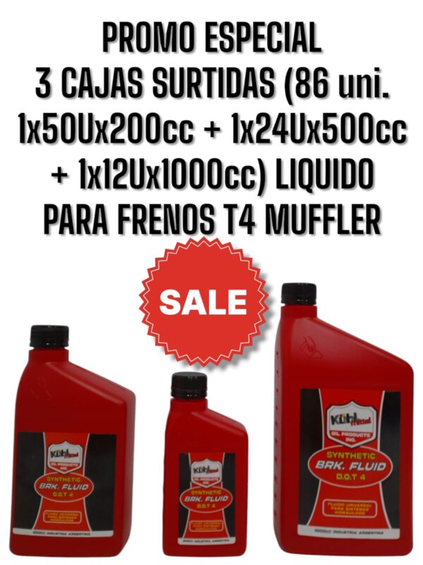 PROMO ESPECIAL NOVIEMBRE - DICIEMBRE 3 CAJAS SURTIDAS  (TOTAL 86 UNIDADES (1X50UX200CC + 1X24UX500CC + 1X12UX1000CC ) LIQUIDO PARA FRENOS TIPO 4  - MUF T4 BKR FLUID