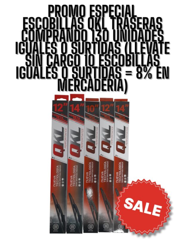 PROMO ESPECIAL NOVIEMBRE - DICIEMBRE ESCOBILLAS QKL TRASERAS COMPRANDO 130 ESCOBILLAS IGUALES O SURTIDAS (LLEVATE 10 ESCOBILLAS SIN CARGO= 8% EN MERCADERIA  ) (ESCOBILLA LIMPIA PARABRISAS TRASERA (LUNETA) QKL 12T 1 PZA 12 " TRASERA (ESCOBILLA TRASERA12" (CHERY FASE 2013 - / CHEVROLET CORSA II 2002 - / FORD ECOSPORT 2003 - / FORD FIESTA II 2002 - / NISSAN NOTE / NISSAN MARCH 2012 - / RENAULT TWINGO 1993 - 2003 / CHEVROLET SPIN 2012 - / CHEEVROLET VECTRA 2008 - 2013 / CITROEN C3 AIR CROS 2011 - / CITROEN C3 PICASSO 2011 - / CITROEN C4 2007 - / FIAT PUNTO 2007 - / FIAT UNO NUEVO 2010 - / FIAT UNO WAY 2010 - / PEUGEOT 308 2010 - / PEUGEOT 2008 2016- / RENAULT DUSTER 2010 - ) - ESC AT12 (T4012-Q)ESCOBILLA LIMPIA PARABRISAS TRASERA (LUNETA) QKL 14T 1 PZA 14 " TRASERA ESCOBILLA TRASERA14" (PARTNER PATAGONICA 1999 - / AUDI Q5 / CHRYSLER SAXO 1996 - / NISSAN TIDA 2007 - / PEUGEOT 106 1999 - / PEUGEOT 206 1999 - / PEUGEOT 207 1999- / PEUGEOT 207 GTI 2008 - / PEUGEOT 208 2014 - / PEUGEOT 307 2004 - /PEUGEOT 406 1995 - / PEUGEOT 5008 2009 - / RENAULT CLIO II 1999 - / VW TIGUAN 2012 - / VW SURAN / VW UP / HONDA FIT - ESC AT14 (T4014-Q)ESCOBILLA LIMPIA PARABRISAS TRASERA (LUNETA) TR S100 QKL 10 1 PZA 10 " TRASERA ESCOBILLA TRASERA 10"(T5010-Q) CON ENGANCHE BRASILERO (GOLTREND 2014-/ FOX 2016- / UP / FOX MOTION - ESC AT17 (T5010-Q)ESCOBILLA LIMPIA PARABRISAS TRASERA (LUNETA) S100 QKL 12 1 PZA 12 " TRASERA ESCOBILLA TRASERA 12" (T5012-Q) CON ENGANCHE BRASILERO(ONIX 2013- / FOX 2004 - / PALIO / PALIO WEEKEND / IDEA / SIENA / ECOSPORT KINETIK 2013 - / KA 1996 - / KAII / SANDERO - ESC AT18 (T5012-Q)ESCOBILLA LIMPIA PARABRISAS TRASERA (LUNETA) S100 QKL 14 1 PZA 14 " TRASERA ESCOBILLA TRASERA 14"(T5014-Q) CON ENGANCHE BRASILERO (AGILE 1999 - / MERIVA 2014 / SURAN / GOL 1999 - / GOL COUNTRY 1999 - / PALIO 1997 - 2000 / SIENA 1997 - 2000 / STILO 2004 - / SANDERO TECH RUN - ESC AT19 (T5014-Q))