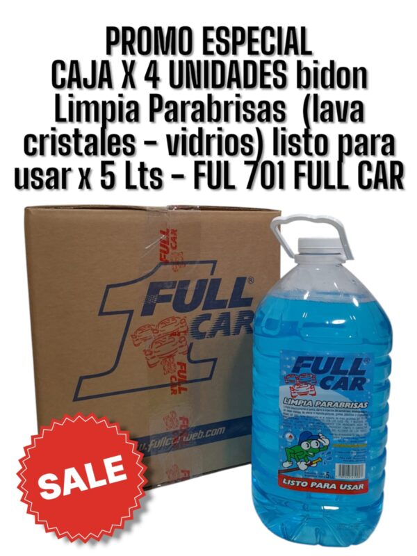 PROMO CAJA X 4 UNIDADES bidon Limpia Parabrisas  (lava cristales - vidrios) listo para usar x 5 L - FUL 701 FULL CAR (SORRINO) (limpia cristales simil k78 a309 - A3520/5 )  (Limpia efectivamente el polvo, barro e insectos desengrasandosin dejar marcas.)