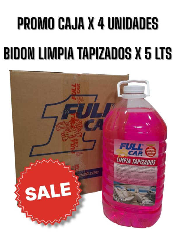 PROMO CAJA X 4 UNIDADES Bidon Limpia Tapizados x 5 L (DILU 1L/8L) - FUL 007 FULL CAR (LIMPIEZA PARA INTERIORES - simil k78 a817)  (Líquido concentrado para limpiar tapizados,especialmente desarrollado para utilizar en panas, tejidos, cuero,vinílicos y plásticos. No deja polvillo ni aureolas.Dilución para el uso: 1 parte en 8 de agua.)