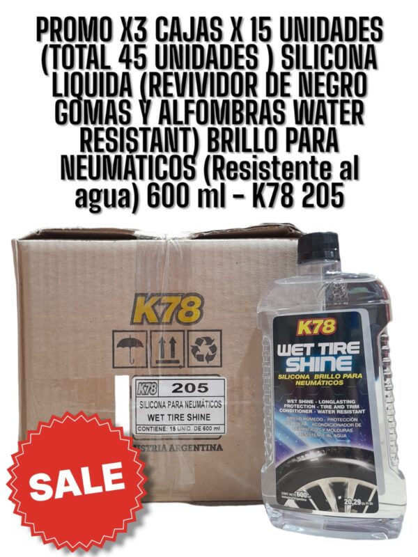 PROMO X3 CAJAS X 15 UNIDADES (TOTAL 45 UNIDADES ) SILICONA LIQUIDA (REVIVIDOR DE NEGRO GOMAS Y ALFOMBRAS WATER RESISTANT) BRILLO PARA NEUMÁTICOS (Resistente al agua) 600 ml - K78 205 (silicona gomas - revividor de negro simil water resistant ful 305 - A3230/12)