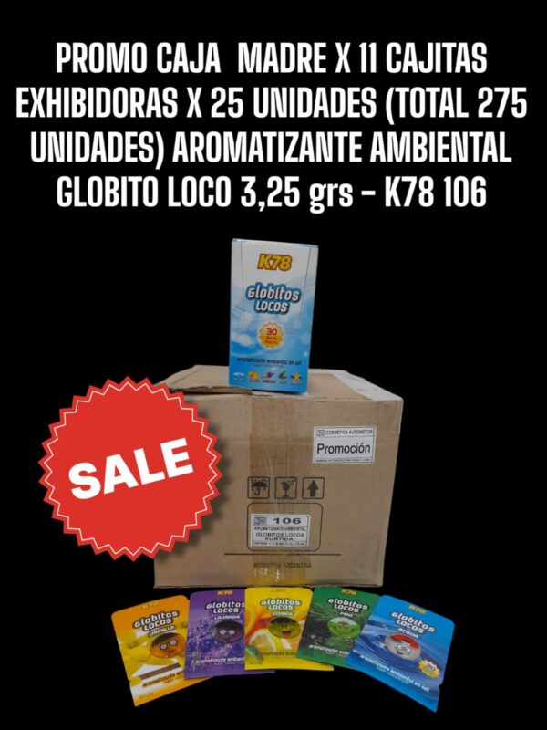 PROMO CAJA  MADRE X 11 CAJITASS EXHIBIDORAS X 25 UNIDADES (TOTAL 275 UNIDADES) SURTIDAS PERFUME (AROMATIZADOR) AROMATIZANTE AMBIENTAL GLOBITO LOCO 3,25 grs  (SPORT  CAR ESSENCE AROMATIZADOR AMBIENTAL)- K78 106 (aromatizador para tablero simil FUL 631 - FUL 9030 - FUL -9052 - FUL 9041 - FUL 9037 - FUL 9022 - FUL 638 FUL 618) (pino - comodin )