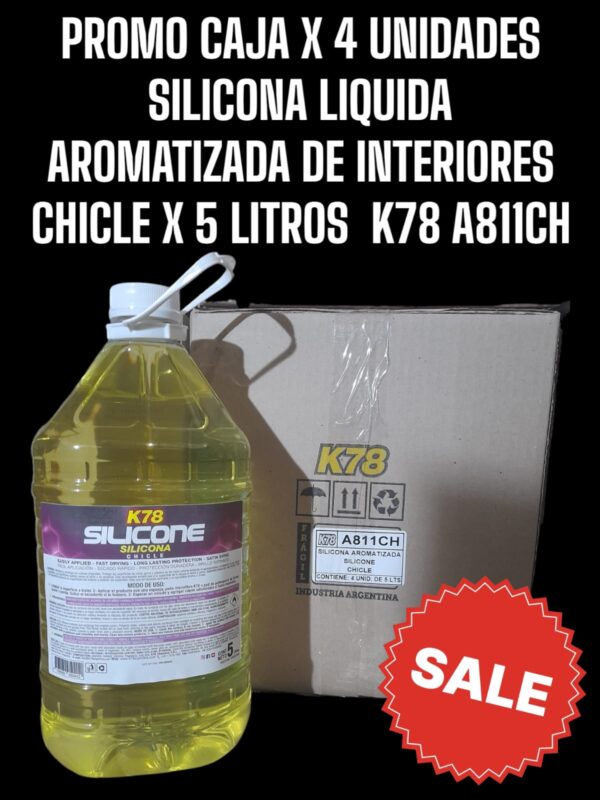 PROMO CAJA X 4 UNIDADES SILICONA LÍQUIDA AROMATIZADA DE INTERIORES    (CHICLE) X 5 LTS - K78 A811 (RENOVADOR -RECUPERADOR - VINILICOS E INTERIORES - REVIVIDOR - SIMIL K78 A843 - K78 A844 - K78 A840 - K78 A815 - K78 A813 - FUL 042 - FUL 400)
