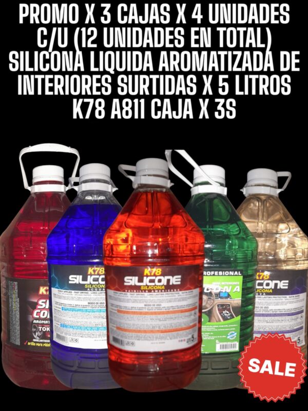 PROMO X3 CAJAS X 4 UNIDADES (TOTAL 12 UNIDADES ) SILICONA LÍQUIDA AROMATIZADA DE INTERIORES    (IGUALES O SURTIDAS CUALQUIER AROMA DISPONIBLE ) X 5 LTS - K78 A811 (RENOVADOR -RECUPERADOR - VINILICOS E INTERIORES - REVIVIDOR - SIMIL K78 A843 - K78 A844 - K78 A840 - K78 A815 - K78 A813 - FUL 042 - FUL 400)
