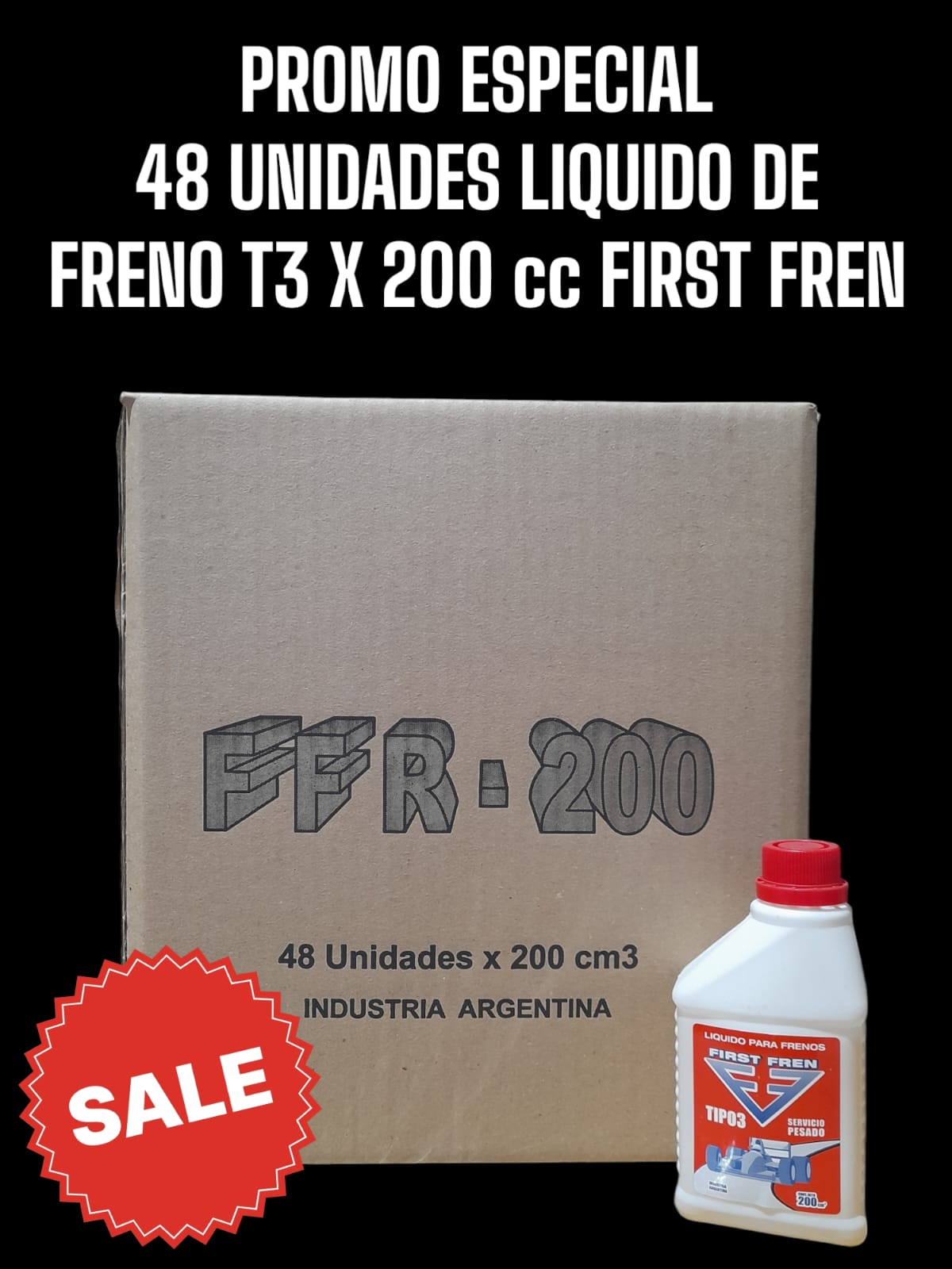 PROMO CAJA X 48 UNIDADES  Liquido de frenos  x 200 cc, - LUB00001 FIRST FREN (Líquido para frenos,servicio super pesado tipo 3, especialmente formulado para sistemas de frenos hidráulicos, pudiéndose  mezclar  únicamente  con líquidos normalizados. El mismo debe ser agregado o cambiado de acuerdo a directivas del fabricante del vehículo.  )